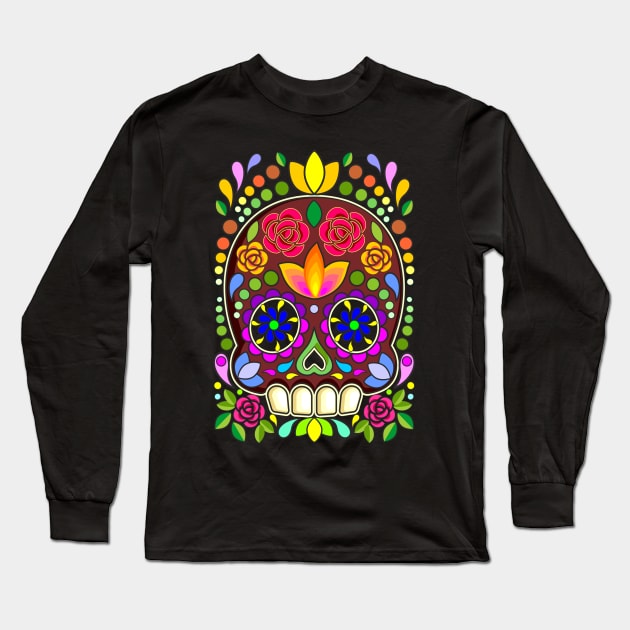 Sugar Skull Floral Art Mexican Calaveras Long Sleeve T-Shirt by BluedarkArt